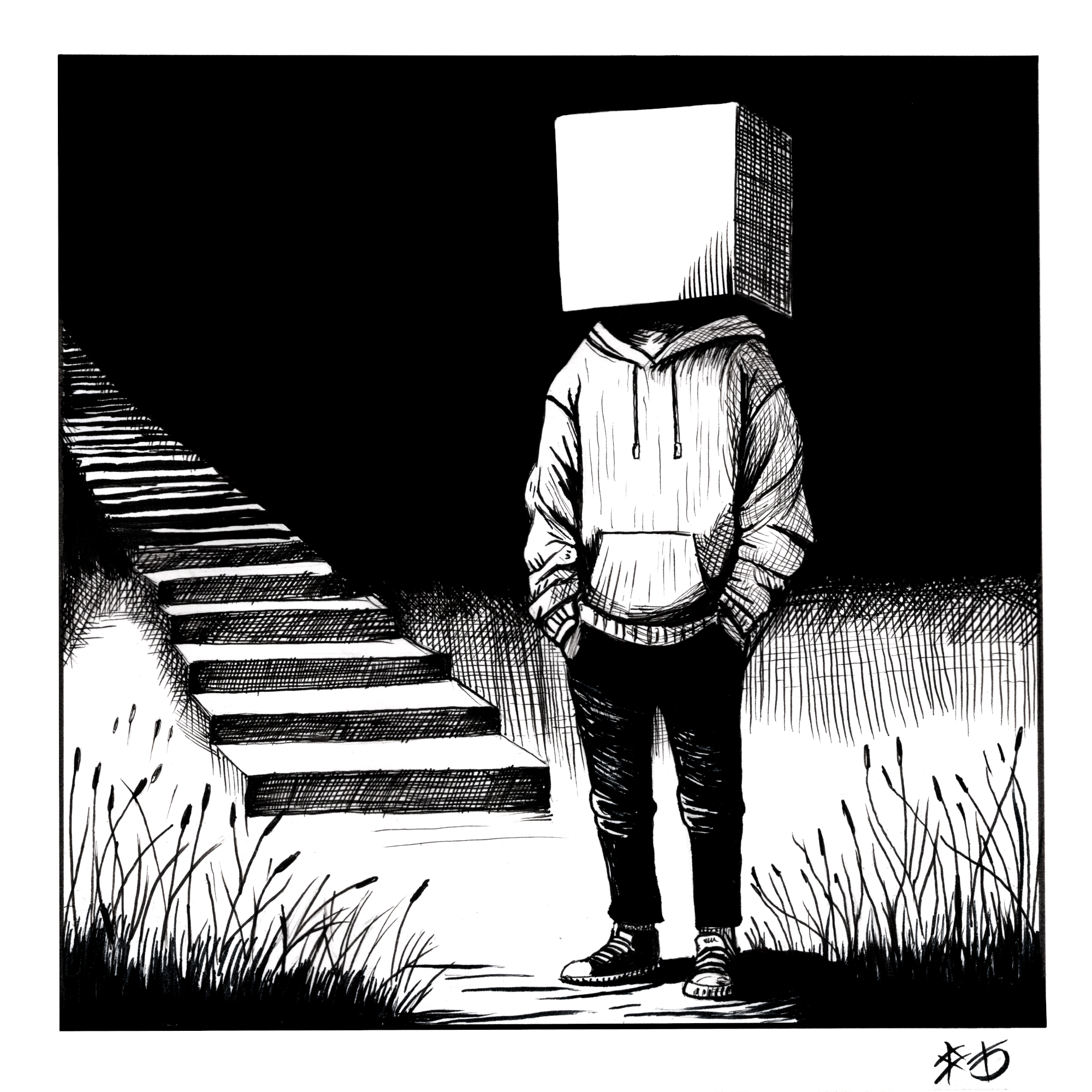 A black and white ink drawing of person with a large cube for a head wearing a hoodie with its hands in it's pants pockets