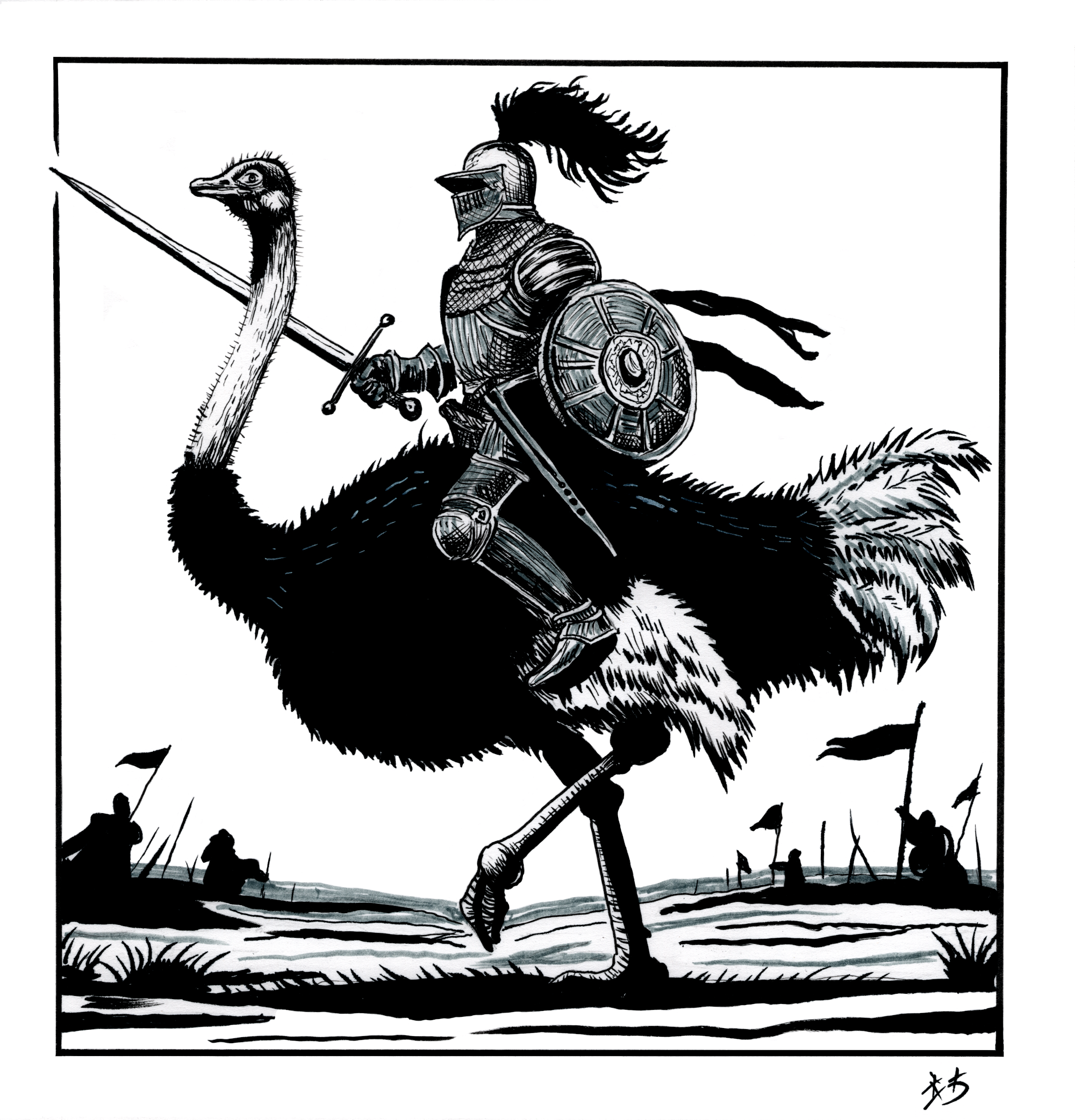 A black and white drawing of a knight in armor holding a sword while riding an ostrich.