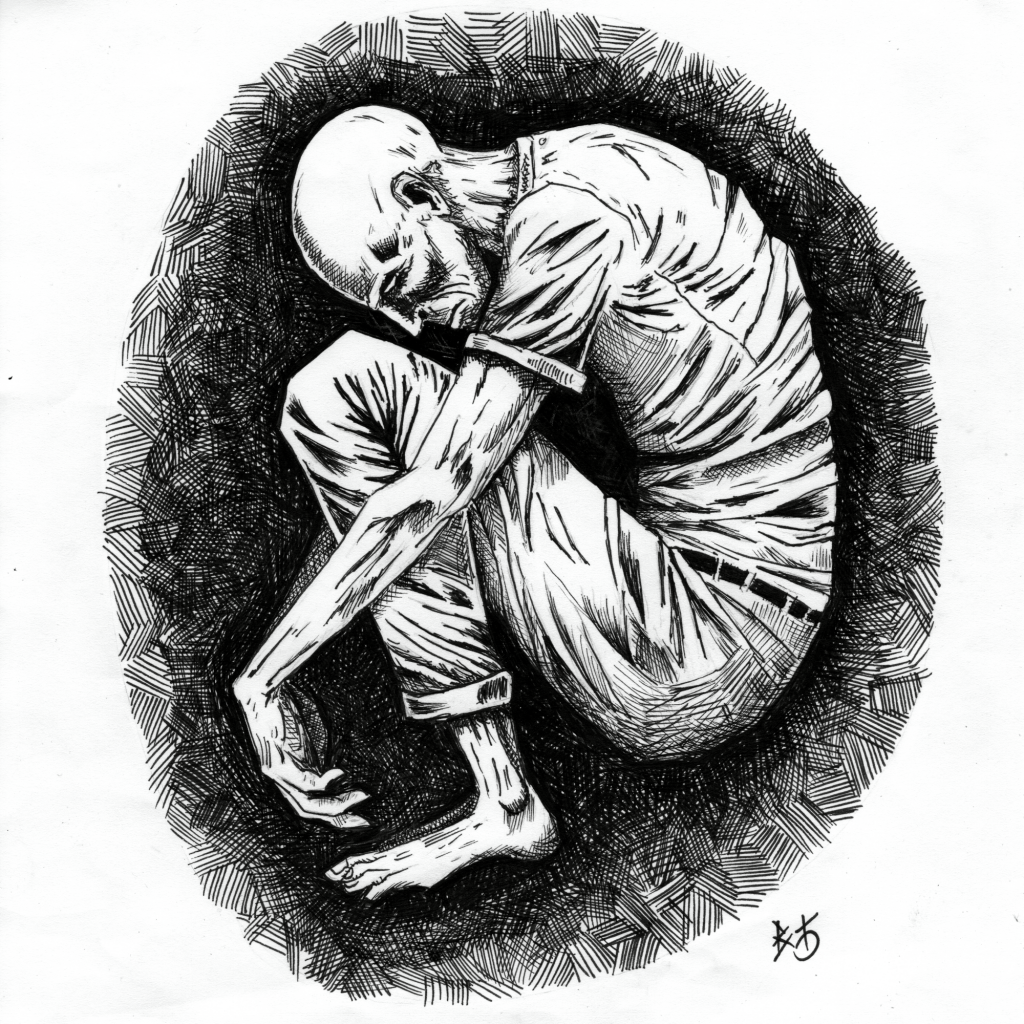 A black and white ink drawing of a thin, bald man curled in the fetal position
