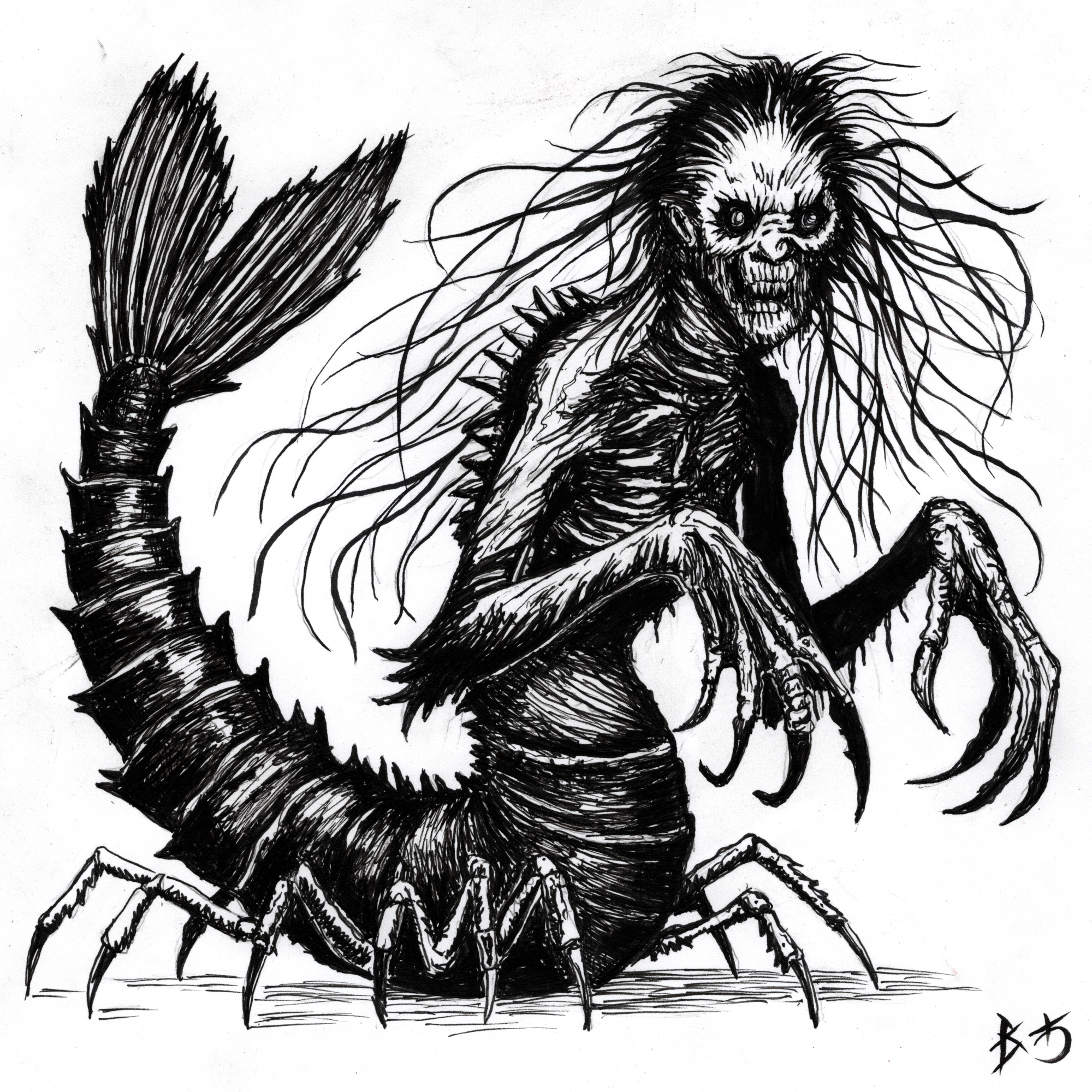 A black and white ink drawing of a very scary shrimp/witch hybrid