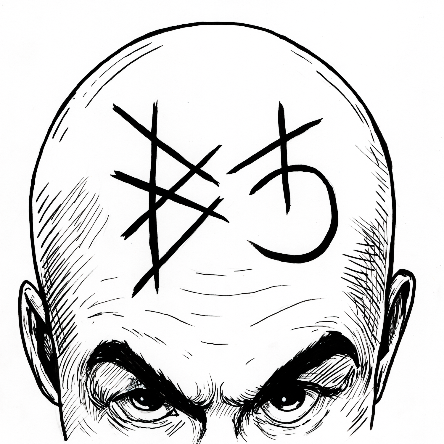 The head of a bald man from the eyes up with the BC3 Ink logo on the forehead